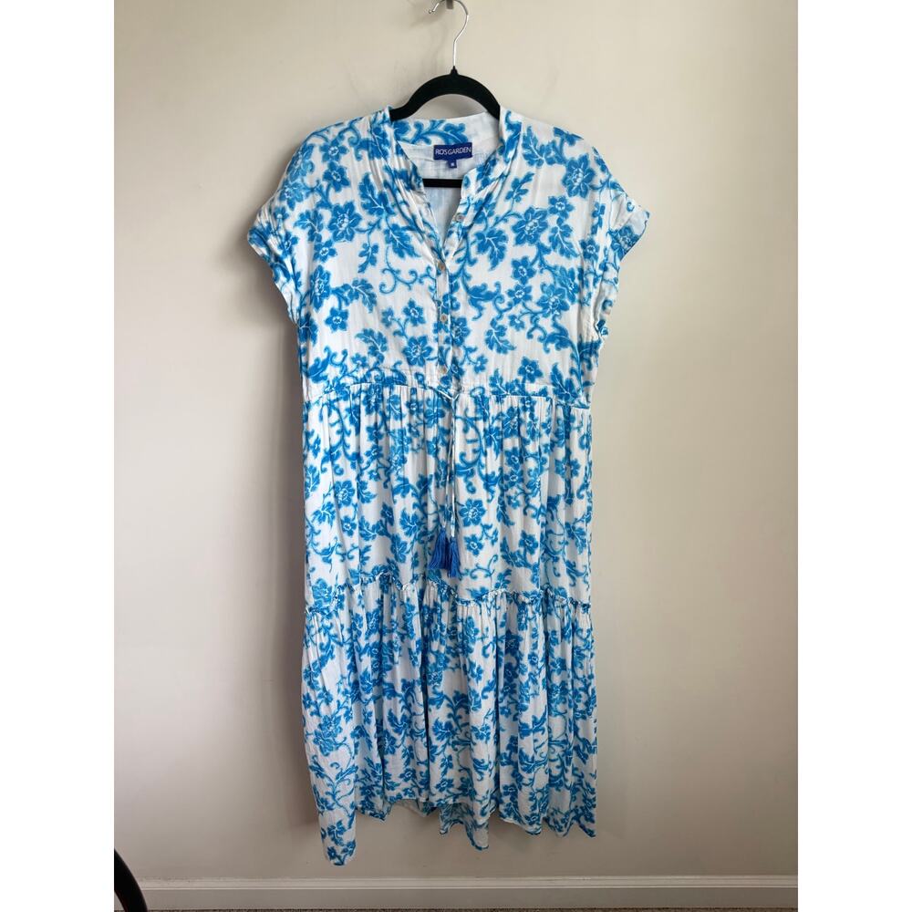 Ro's Garden Floral Print Cap Sleeve Tassel Tie Tiered Midi Dress White Blue Med - Picture 2 of 10